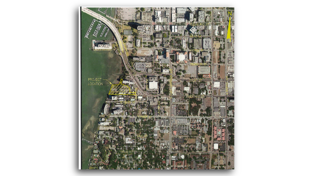 Aerial map showing Turner Street clinic site and off-site parking lot near Clearwater waterfront