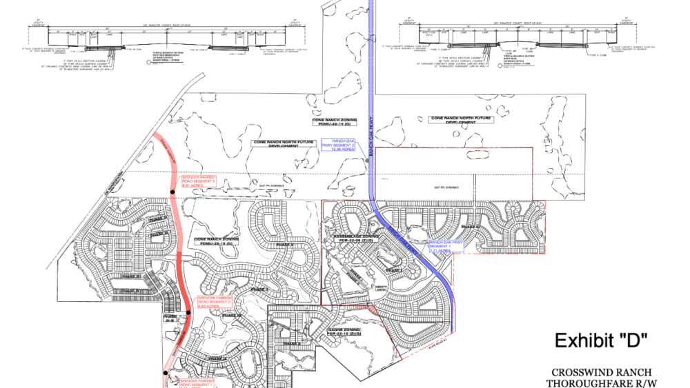 Crosswind Ranch roadway improvement map showing SR 62, Spencer Parrish Road and Ranch Oak Parkway segments