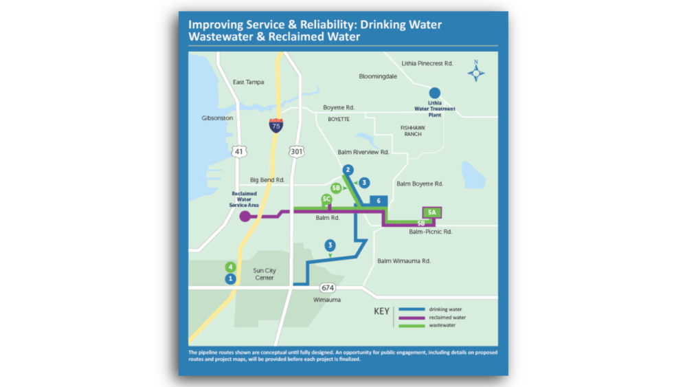 Map showing One Water Program wastewater, reclaimed water and drinking water routes in South Hillsborough