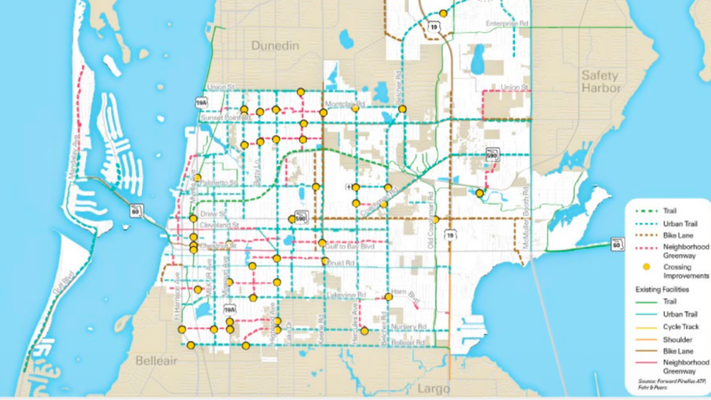 Map of Clearwater planned walking, biking and crossing improvement network