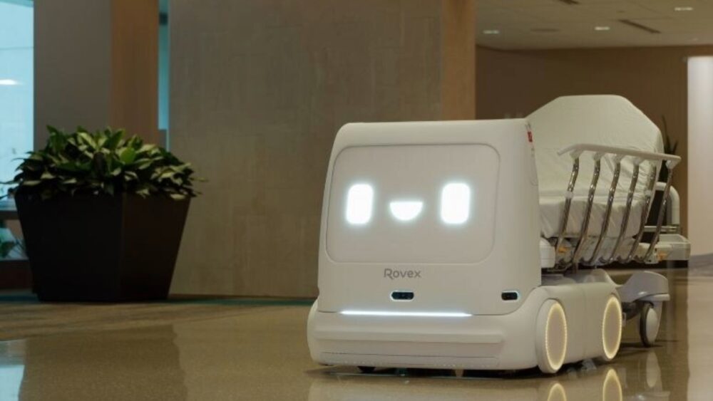 Rovex autonomous robot transporting a hospital stretcher inside Morton Plant Hospital