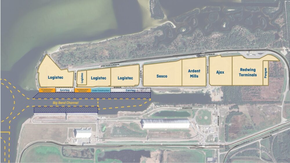 Site plan of Port Redwing showing Berth 300 extension and terminal operators along the Big Bend Channel