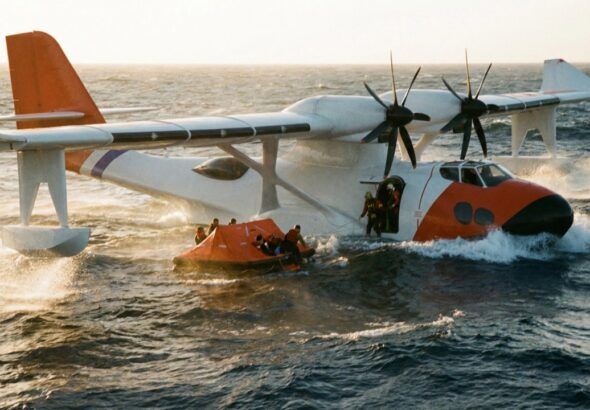 Amphibious aircraft conducts ocean rescue operation with crew boarding liferaft at sea
