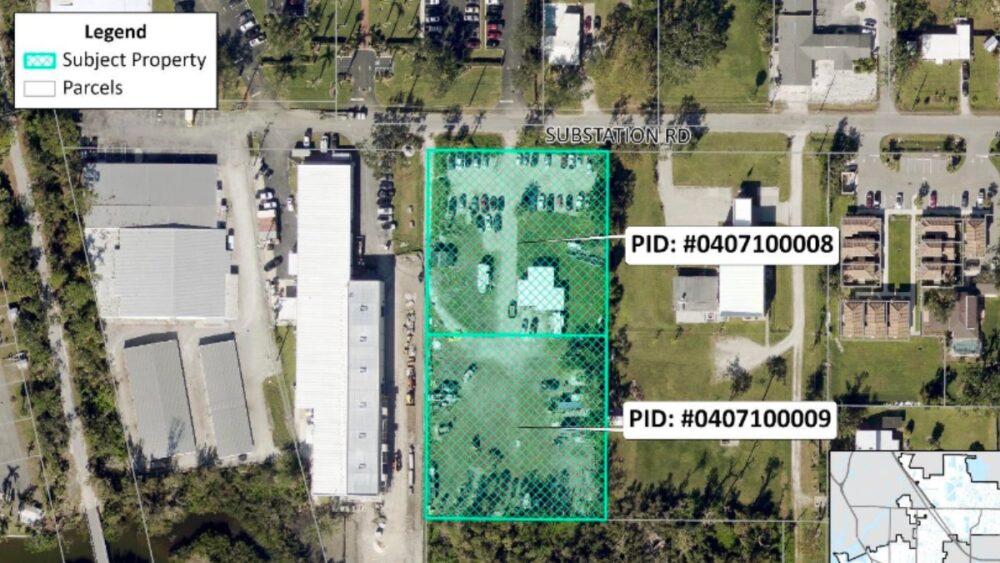Aerial map of 490 Substation Road site near Venice airport outlined for rezoning