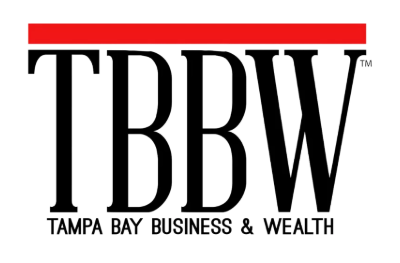 TBBW (Tampa Bay Business & Wealth) logo in white serif lettering on a black background with a red horizontal bar above the initials.