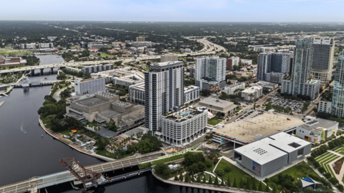 Aerial view of downtown Tampa Riverwalk with AER Tampa near the Straz Center
