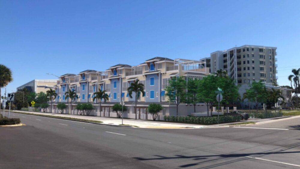 Street-level rendering of proposed townhome and hotel project on Dunedin Causeway
