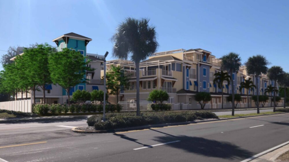Rendering of proposed Dunedin Causeway mixed-use development with townhomes and boutique hotel