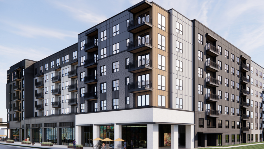 Rendering of the planned Westshore hotel redevelopment showing modern mixed-use design with apartments and retail