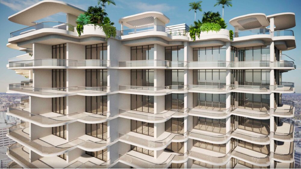 Close-up rendering of rooftop terraces and upper floors at the proposed Adagio tower in Sarasota