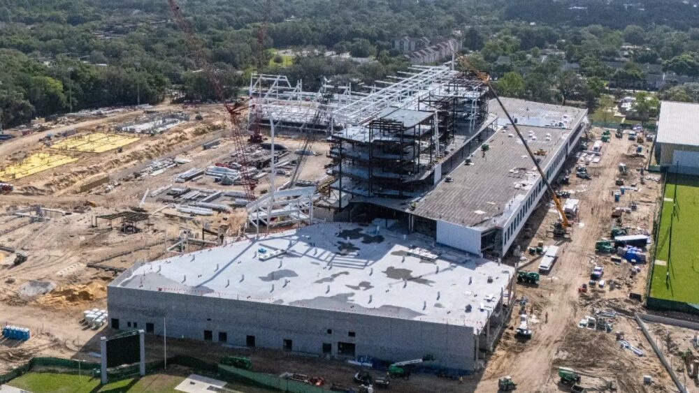 Aerial image showing structural steel and construction progress at USF’s new football stadium site.