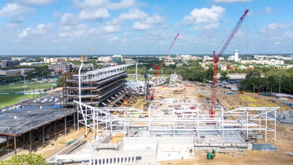 Construction crews continue work on USF’s football stadium and operations center in Tampa.