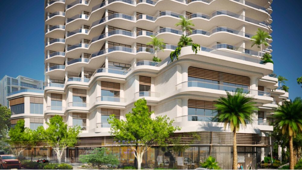 Rendering of the proposed Adagio tower base and ground-floor commercial space in downtown Sarasota