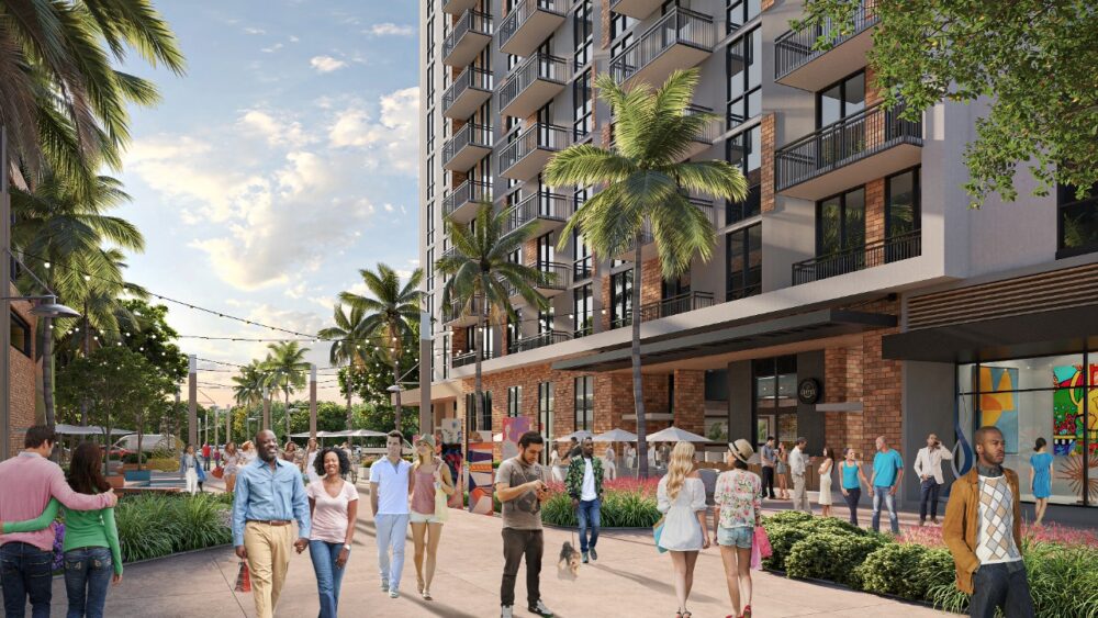 Pedestrian view of retail and public space at the Rome Yards redevelopment in West Tampa