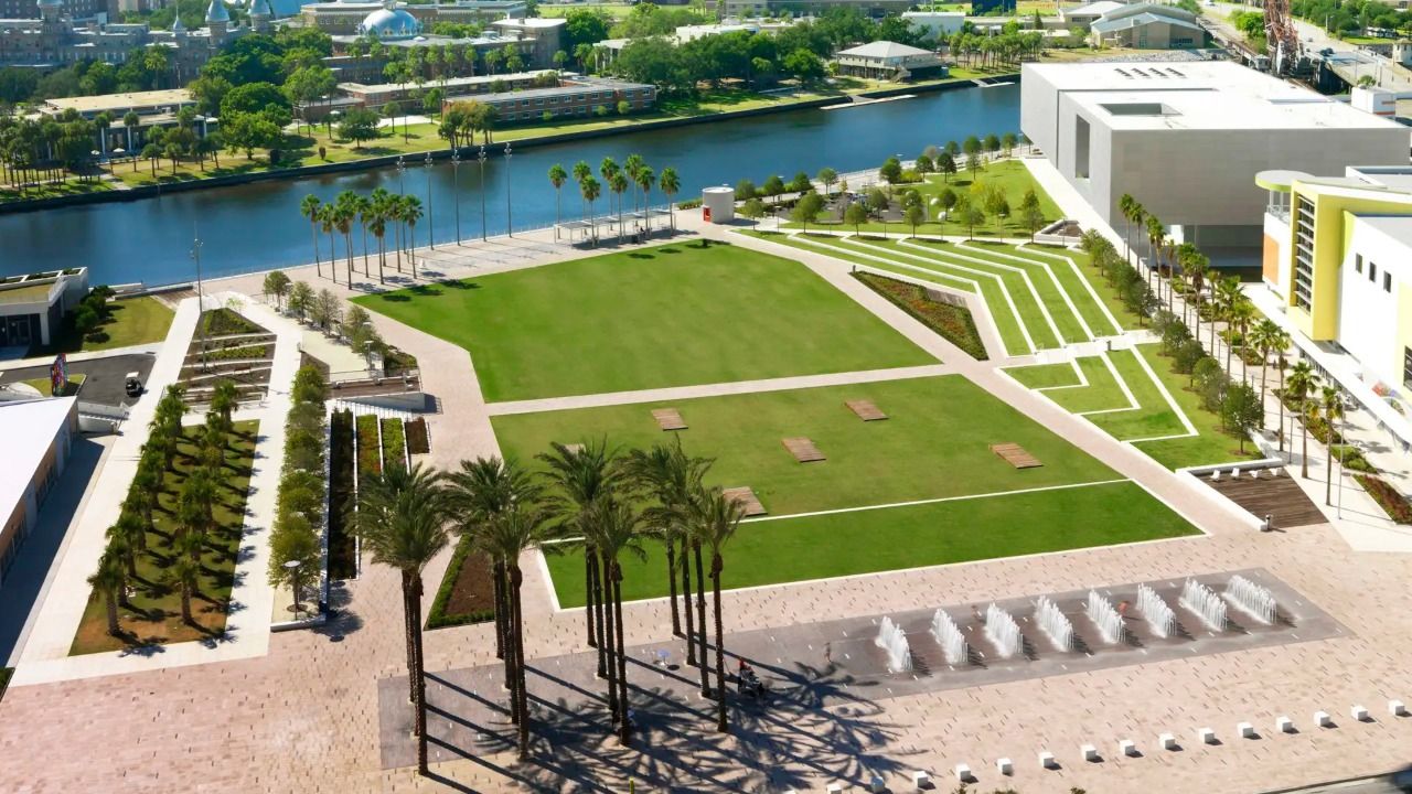 Aerial view of Curtis Hixon Waterfront Park along the Tampa Riverwalk in downtown Tampa