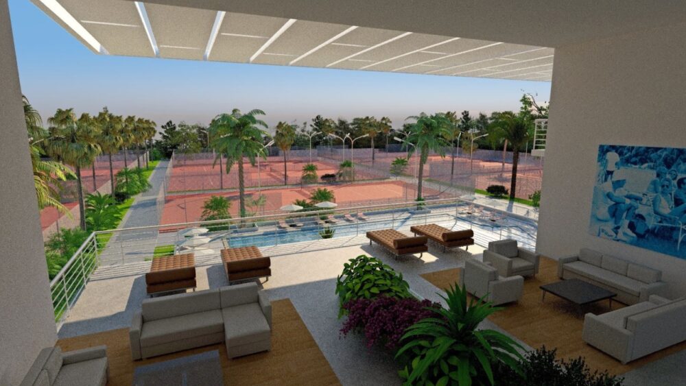 Rendering of residences, private club amenities, tennis courts and outdoor gathering spaces at Bath + Racquet Residences & Club in Sarasota.