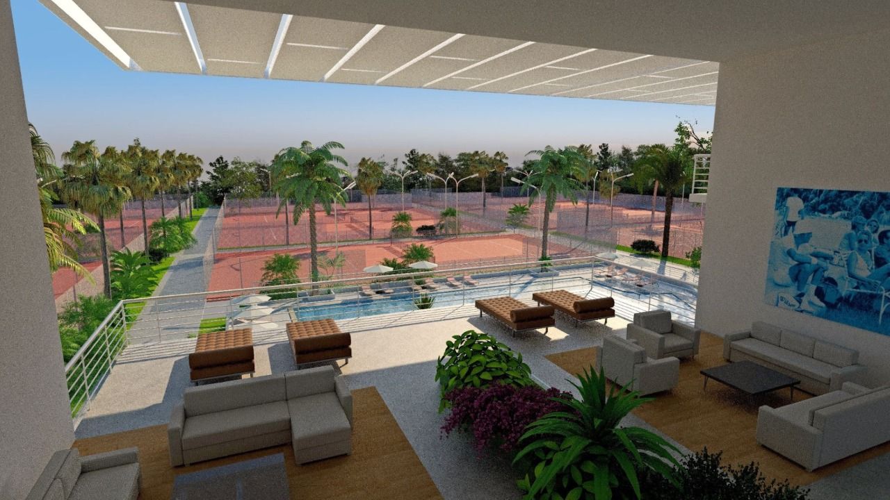 Rendering of residences, private club amenities, tennis courts and outdoor gathering spaces at Bath + Racquet Residences & Club in Sarasota.