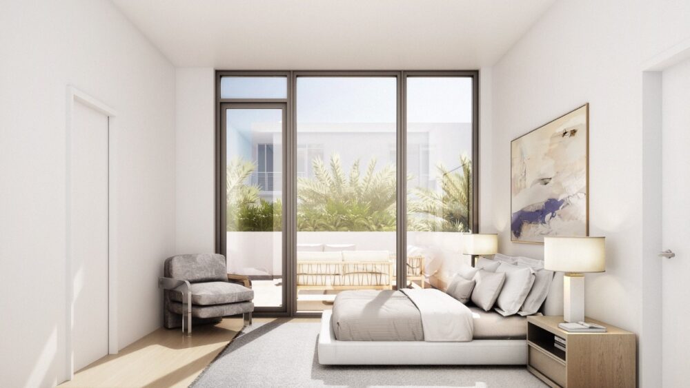 Rendering of residences, private club amenities, tennis courts and outdoor gathering spaces at Bath + Racquet Residences & Club in Sarasota.