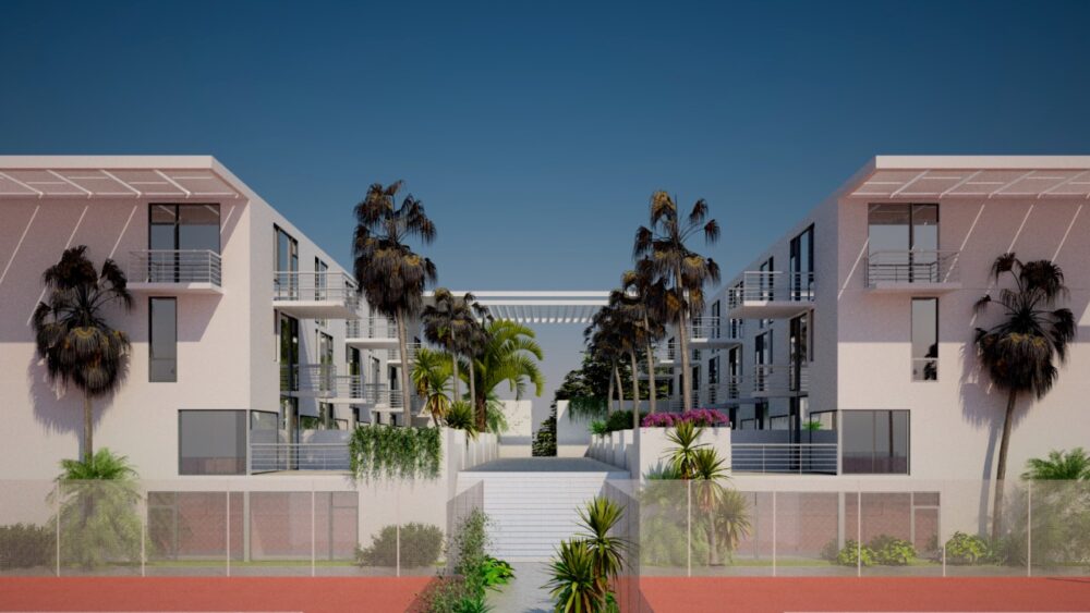 Rendering of residences, private club amenities, tennis courts and outdoor gathering spaces at Bath + Racquet Residences & Club in Sarasota.