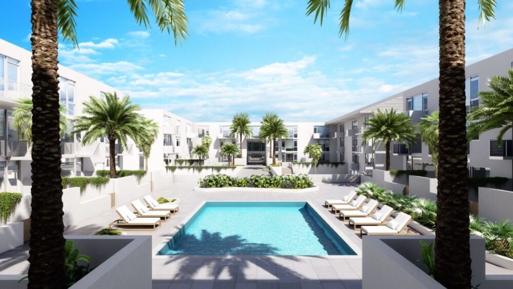 Rendering of residences, private club amenities, tennis courts and outdoor gathering spaces at Bath + Racquet Residences & Club in Sarasota.