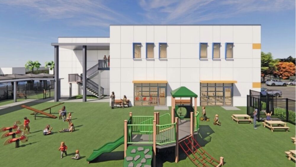Rendering of the proposed Tampa JCC preschool showing an outdoor playground, play structures, classrooms and second-floor access overlooking the activity area.