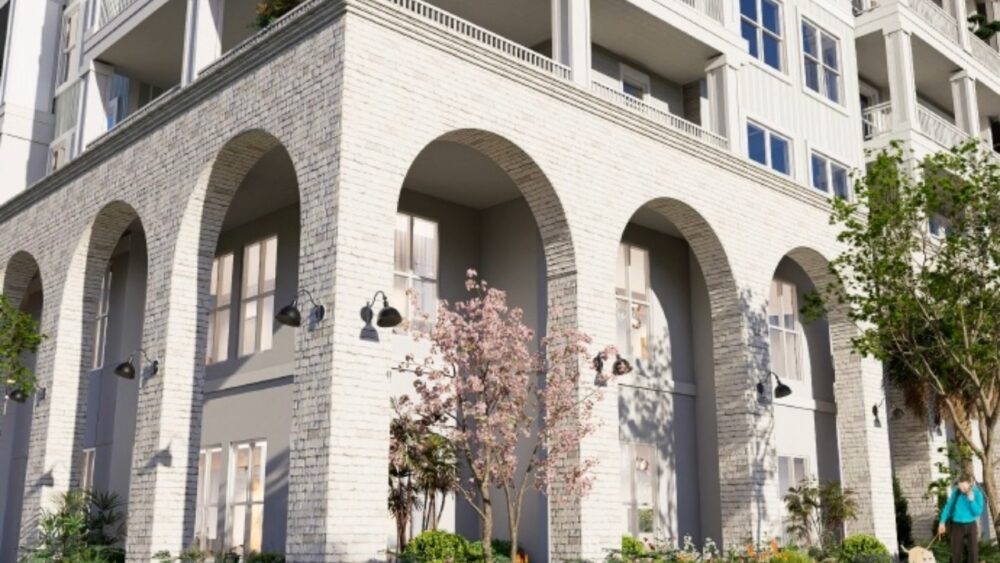 Rendering of a proposed five-story, 345-unit apartment community planned for the former Gandy Plaza site in South Tampa under Florida's Live Local Act.