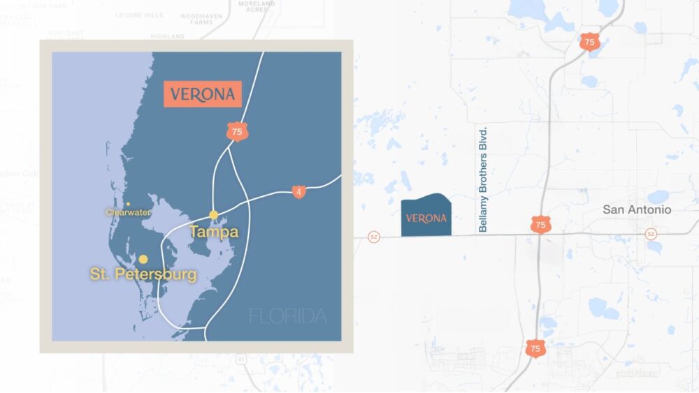 Map showing the location of the planned Verona community along State Road 52 west of Interstate 75 in Pasco County.