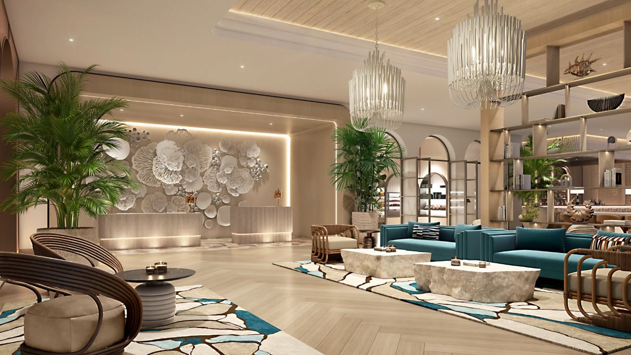 Rendering of the Hyatt Centric Harborside lobby showing lounge seating, coastal-inspired design and reception area.