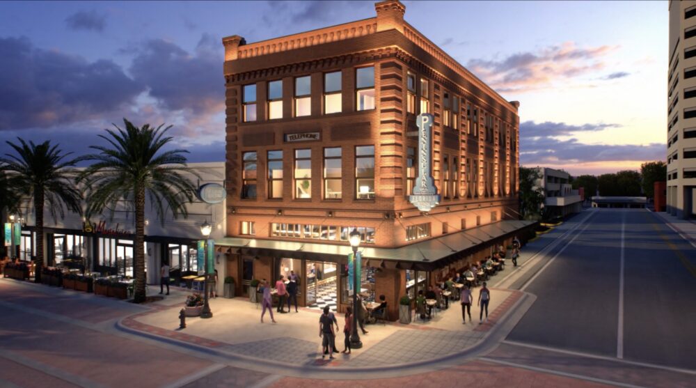 Rendering of the restored Telephone Building with Rippers on the ground floor in downtown Clearwater.