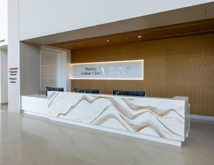 Main reception area inside Florida Medical Clinic Orlando Health's Wiregrass Ranch Hospital.