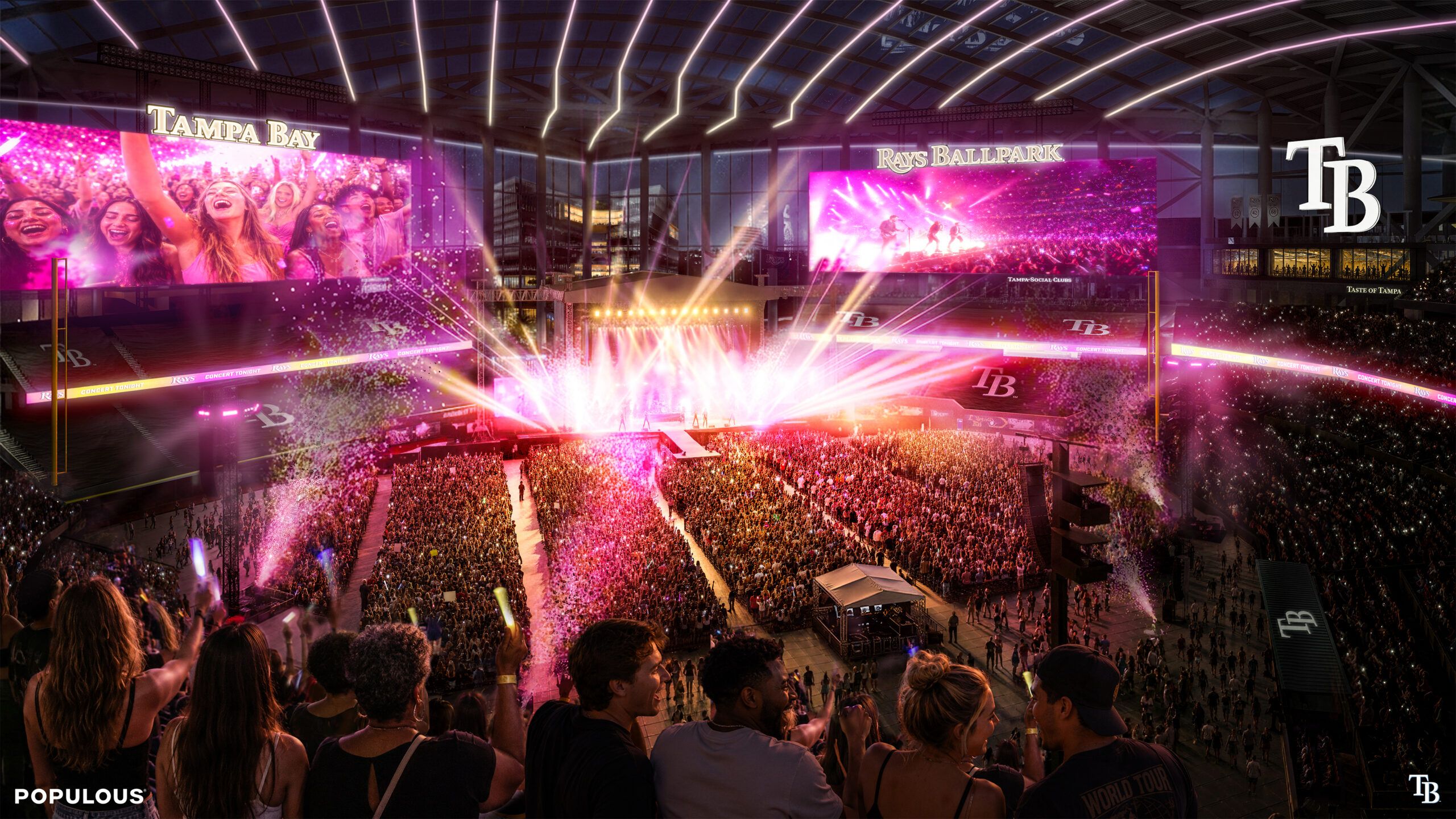 Populous renderings show the Rays’ proposed Tampa ballpark configured for concerts, graduations, volleyball and combat sports.