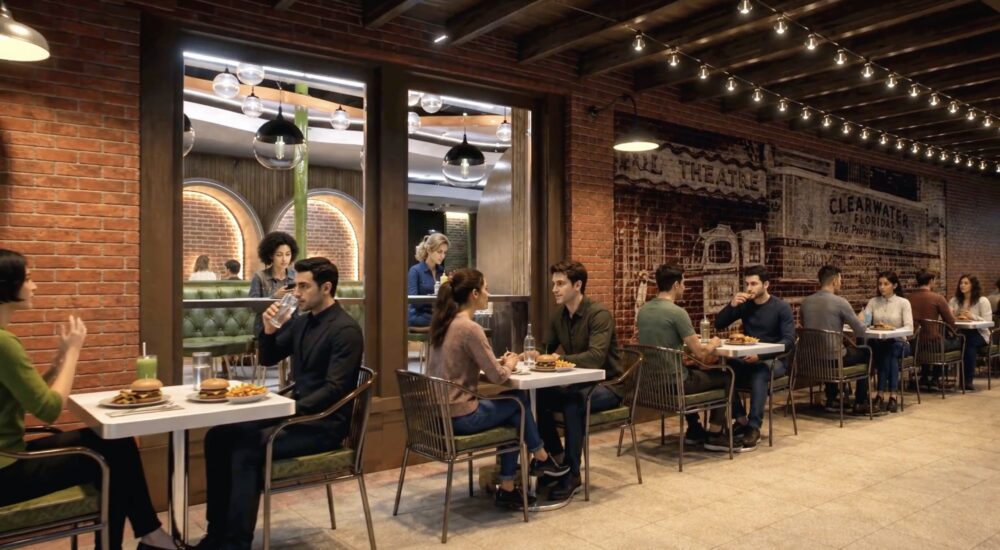 Rendering of the window-side dining area inside Rippers at the restored Telephone Building in downtown Clearwater.