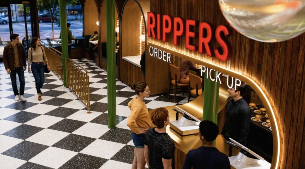 Rendering of the Rippers order counter and dining area inside the historic Telephone Building in downtown Clearwater.