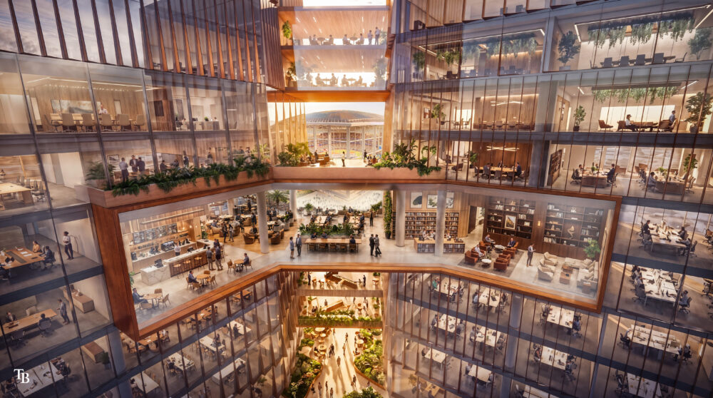 Renderings show the Tampa Bay Rays' proposed Forever Home development, including a new ballpark, office buildings, landscaped public spaces and pedestrian bridges connecting the mixed-use district.