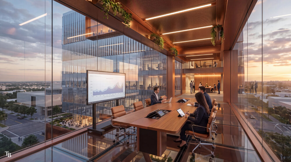 Renderings show the Tampa Bay Rays' proposed Forever Home development, including a new ballpark, office buildings, landscaped public spaces and pedestrian bridges connecting the mixed-use district.