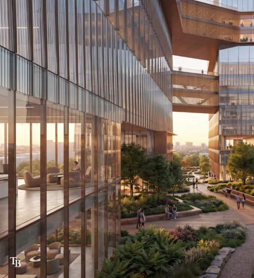 Renderings show the Tampa Bay Rays' proposed Forever Home development, including a new ballpark, office buildings, landscaped public spaces and pedestrian bridges connecting the mixed-use district.