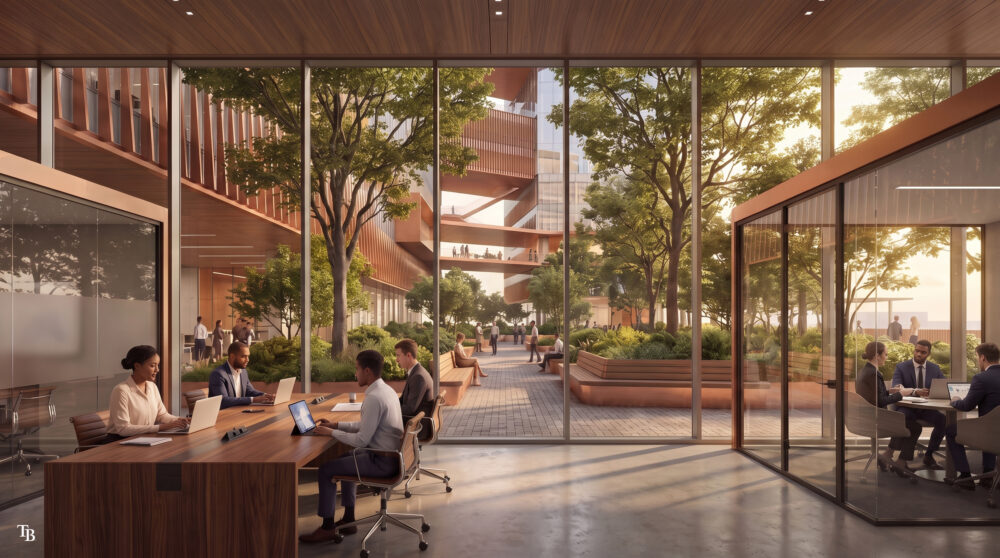 Renderings show the Tampa Bay Rays' proposed Forever Home development, including a new ballpark, office buildings, landscaped public spaces and pedestrian bridges connecting the mixed-use district.