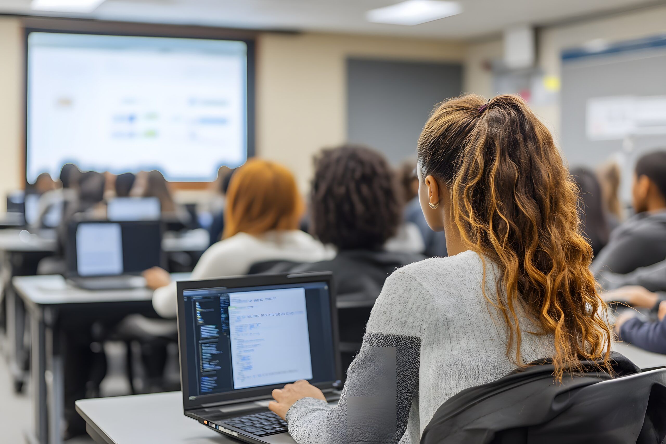 Students work on laptops in a classroom as artificial intelligence and digital learning tools are presented on a screen at the front of the room.