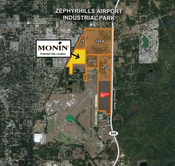 Map of the Zephyrhills Airport Industrial Park highlighting the proposed Monin manufacturing site on a 70-acre parcel.