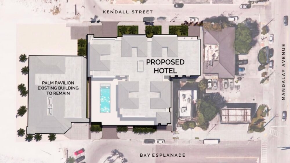 Conceptual site plan showing the proposed 144-room hotel next to the existing Palm Pavilion restaurant, which would remain on Clearwater Beach.