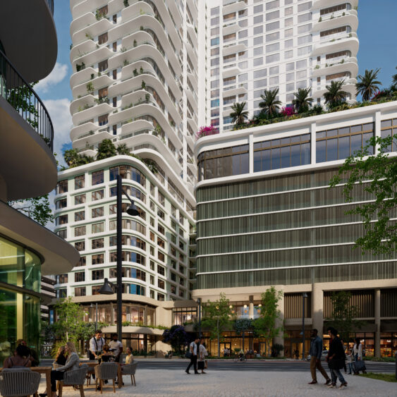 Aerial rendering of the proposed 400-foot residential tower planned for Water Street Tampa in downtown Tampa.