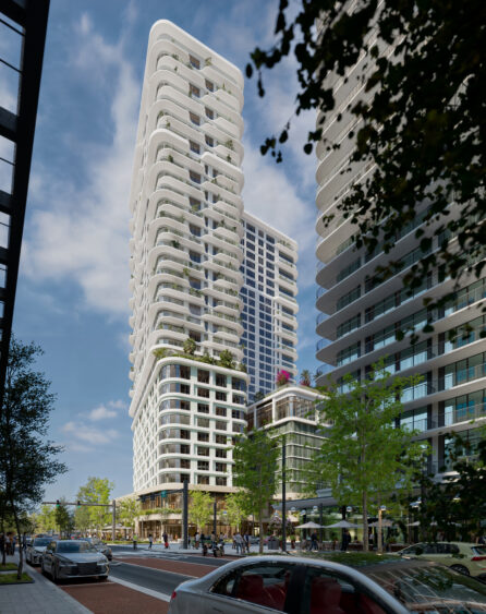 Aerial rendering of the proposed 400-foot residential tower planned for Water Street Tampa in downtown Tampa.