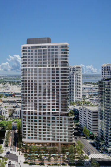 Aerial rendering of the proposed 400-foot residential tower planned for Water Street Tampa in downtown Tampa.