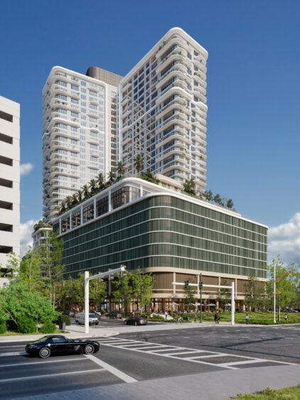 Aerial rendering of the proposed 400-foot residential tower planned for Water Street Tampa in downtown Tampa.