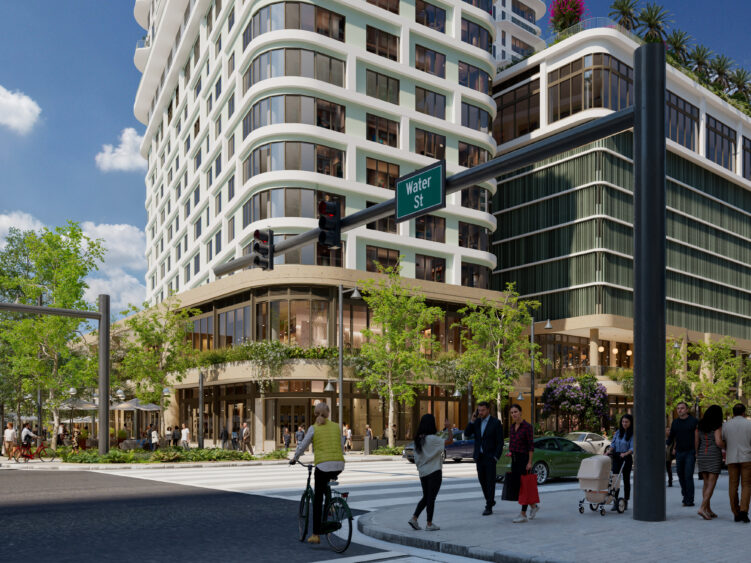 Aerial rendering of the proposed 400-foot residential tower planned for Water Street Tampa in downtown Tampa.