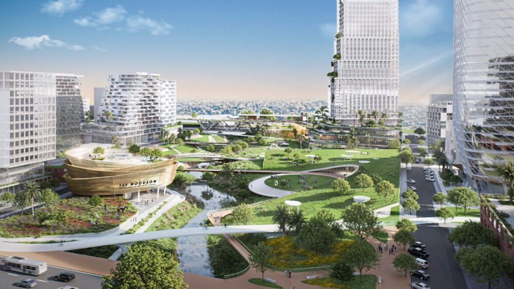 Rendering of the proposed Historic Gas Plant District redevelopment in downtown St. Petersburg, featuring housing, parks, cultural spaces and public infrastructure.