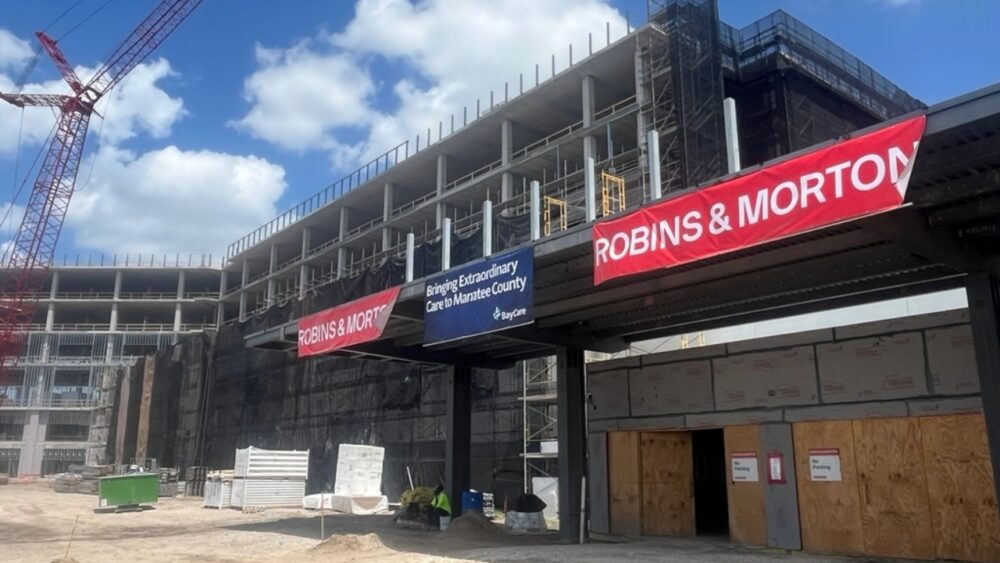 BayCare Hospital Manatee under construction in Palmetto after crews completed the structural steel frame during the topping-out phase.