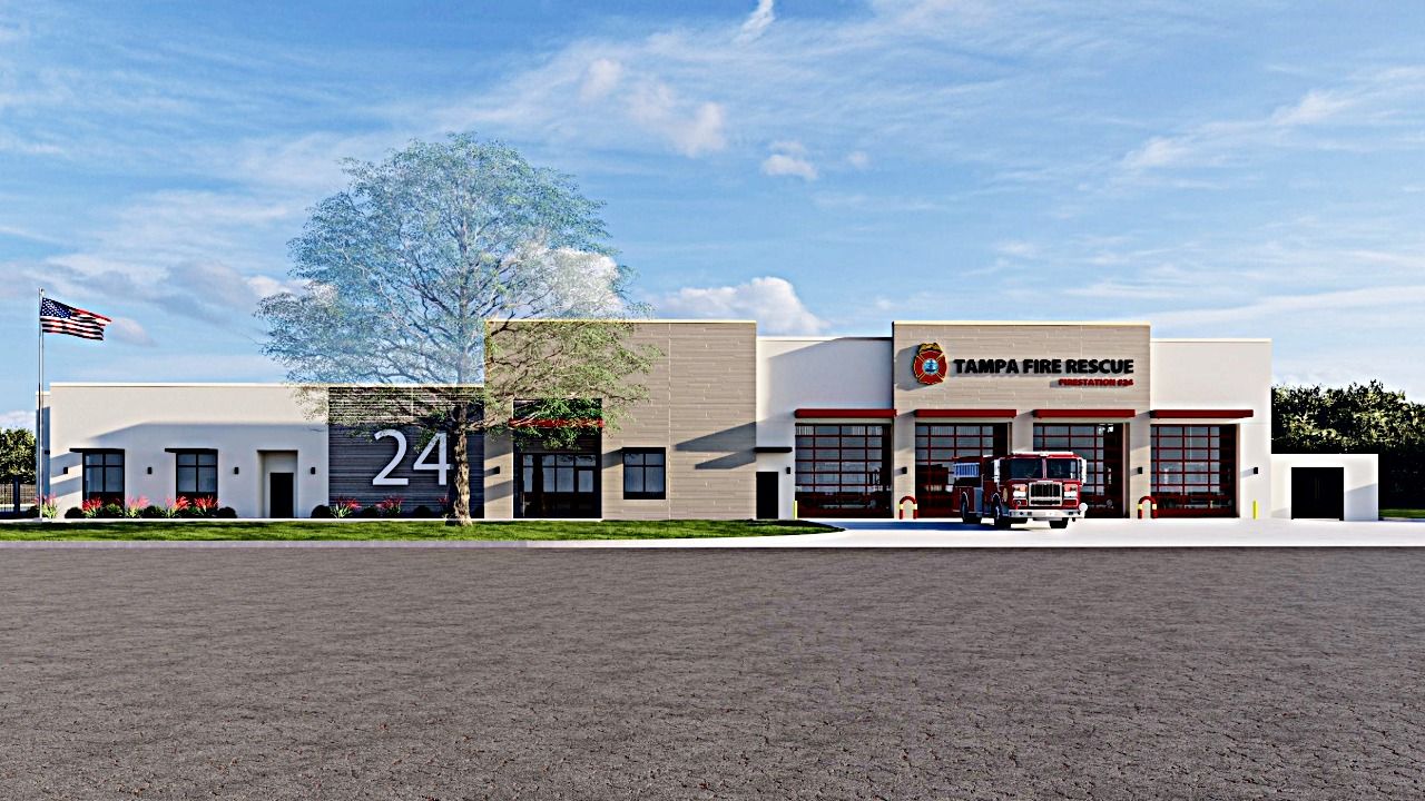 Rendering of Tampa Fire Rescue's new Fire Station 24, a four-bay emergency response facility planned near Greco Park in Tampa.
