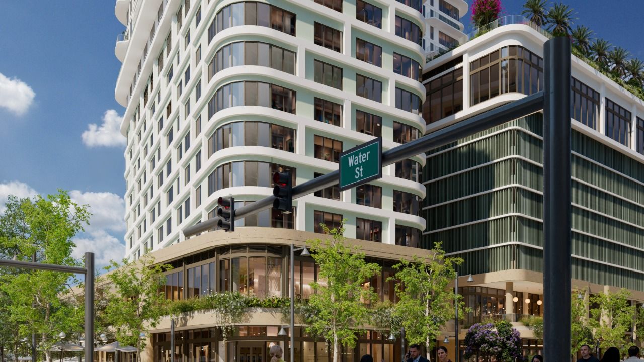 Aerial rendering of the proposed 400-foot residential tower planned for Water Street Tampa in downtown Tampa.