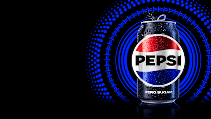 Pepsi Zero Sugar can displayed against a blue circular graphic background